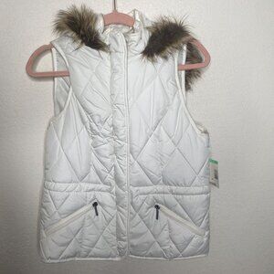 Laura Scott Quilted Hooded Vest‎ Womens Missy M Ivory Faux Fur Ski